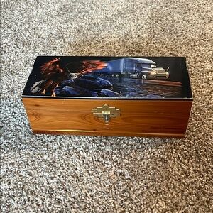Wooden Box with Eagle and Truck Design